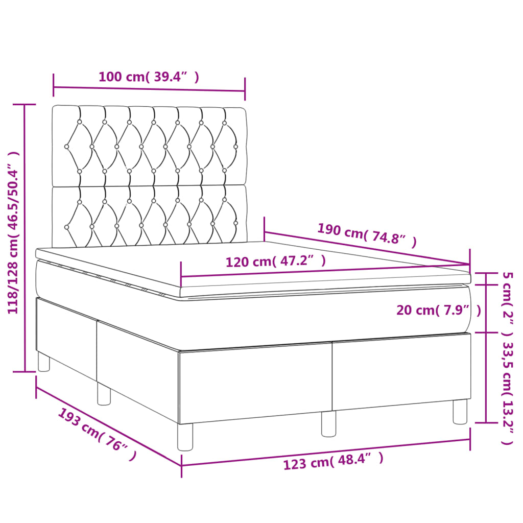 Cama box spring c/ colchão e LED 120x190 cm tecido preto