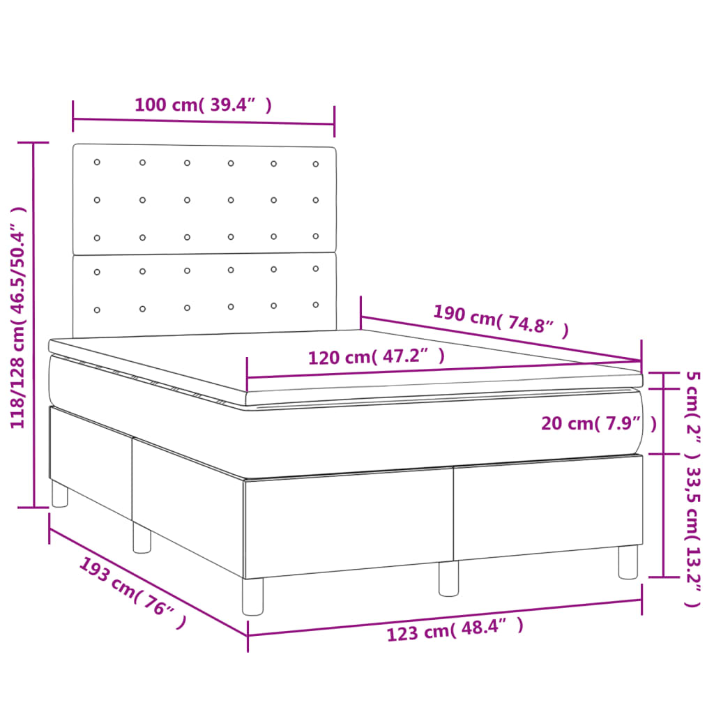 Cama box spring c/ colchão/LED 120x190cm tecido castanho-escuro