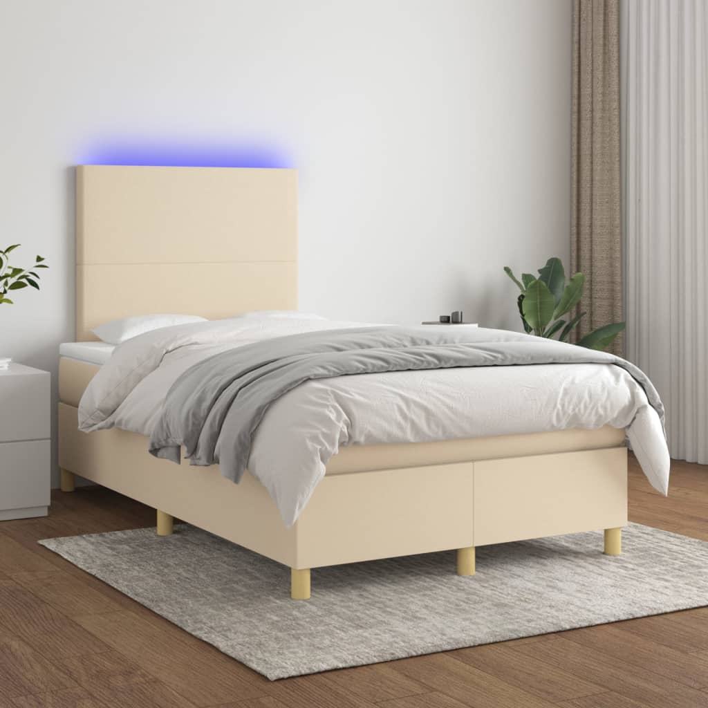 Cama box spring c/ colchão e LED 120x190 cm tecido cor creme