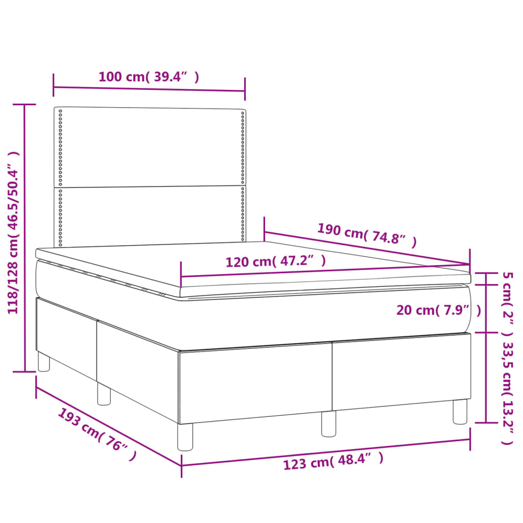 Cama box spring c/ colchão e LED 120x190 cm tecido cor creme