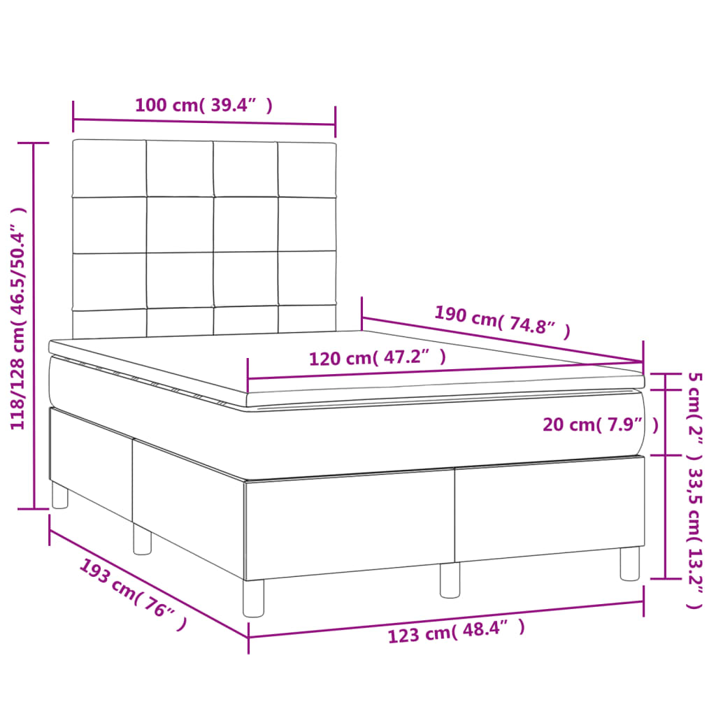 Cama box spring c/ colchão e LED 120x190 cm tecido cinza-escuro