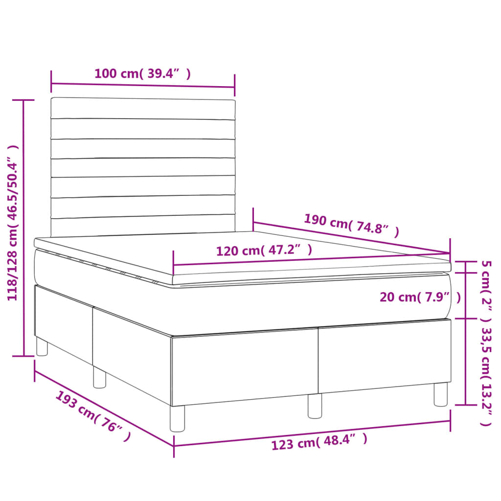 Cama box spring c/ colchão e LED 120x190 cm tecido cinza-escuro