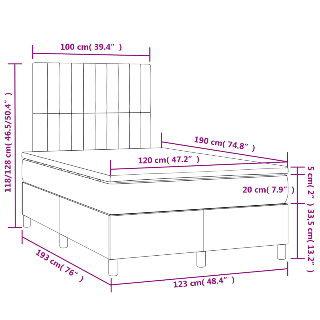 Cama box spring c/ colchão e LED 120x190 cm tecido azul