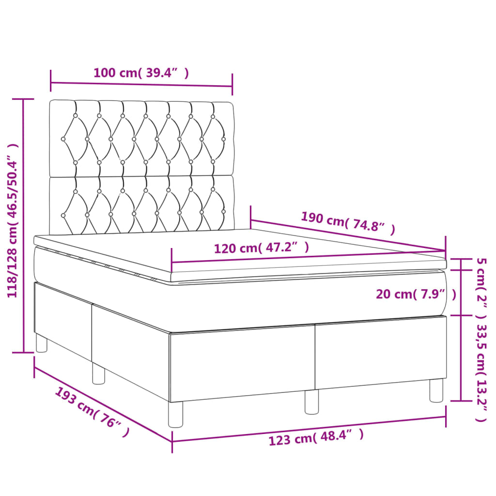 Cama box spring c/ colchão e LED 120x190 cm tecido preto