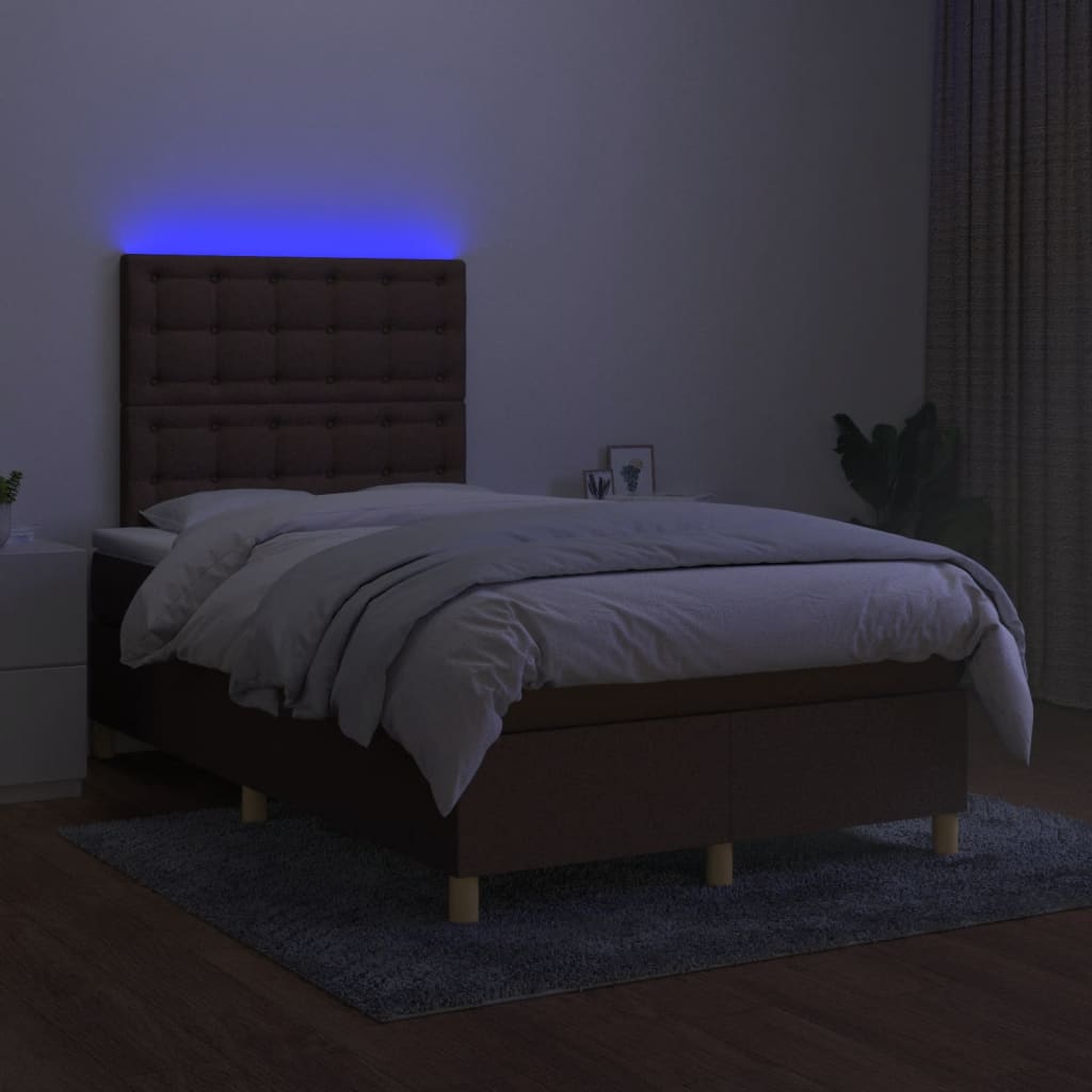 Cama box spring c/ colchão/LED 120x190cm tecido castanho-escuro