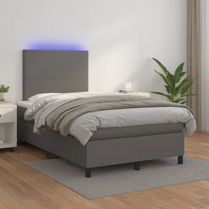 Cama box spring c/ colchão/LED 120x190cm couro artificial cinza