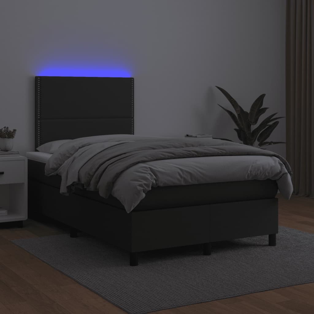 Cama box spring colchão e LED 120x190 cm couro artificial preto