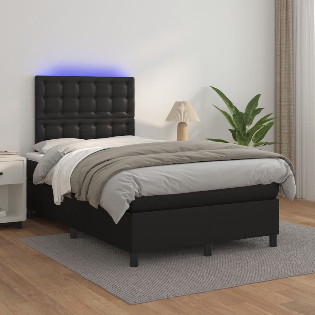 Cama box spring colchão e LED 120x190 cm couro artificial preto