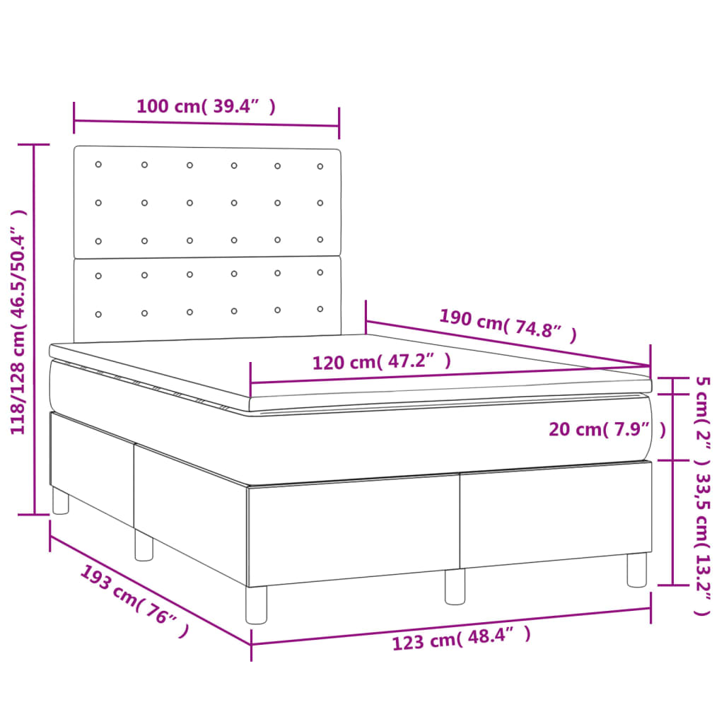 Cama box spring c/colchão/LED 120x190cm couro artif. cappuccino