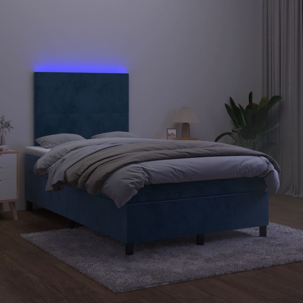 Cama box spring colchão LED 120x190cm couro artif. azul-escuro