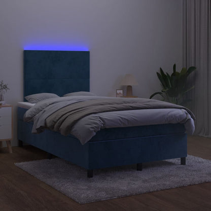 Cama box spring colchão LED 120x190cm couro artif. azul-escuro