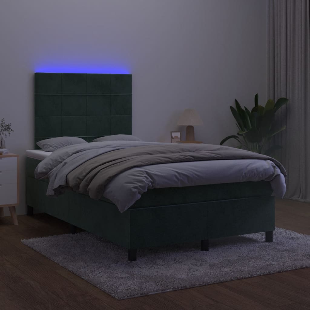 Cama box spring com colchão e luzes LED veludo verde-escuro