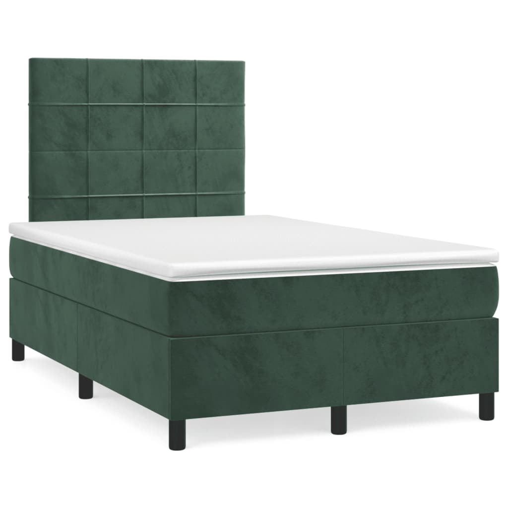 Cama box spring com colchão e luzes LED veludo verde-escuro