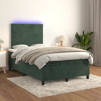 Cama box spring com colchão e luzes LED veludo verde-escuro