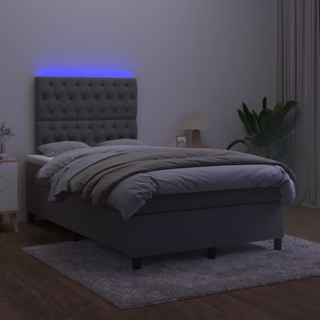 Cama box spring colchão LED 120x190cm couro artif. cinza-escuro