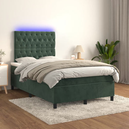 Cama box spring com colchão e luzes LED veludo verde-escuro