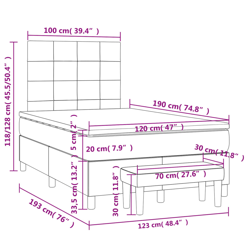 Cama boxspring com colchão 120x190 cm tecido azul