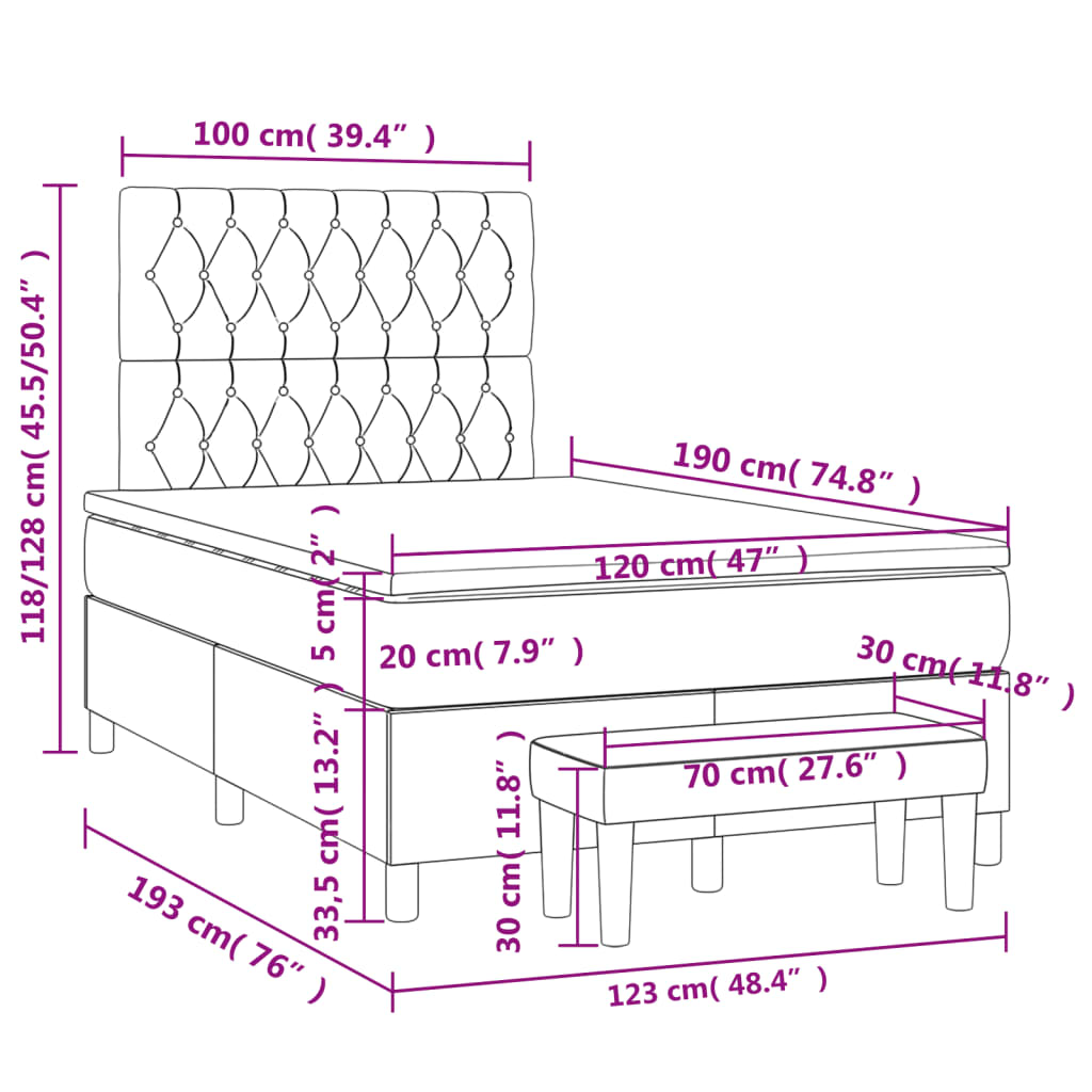 Cama boxspring com colchão 120x190 cm tecido preto