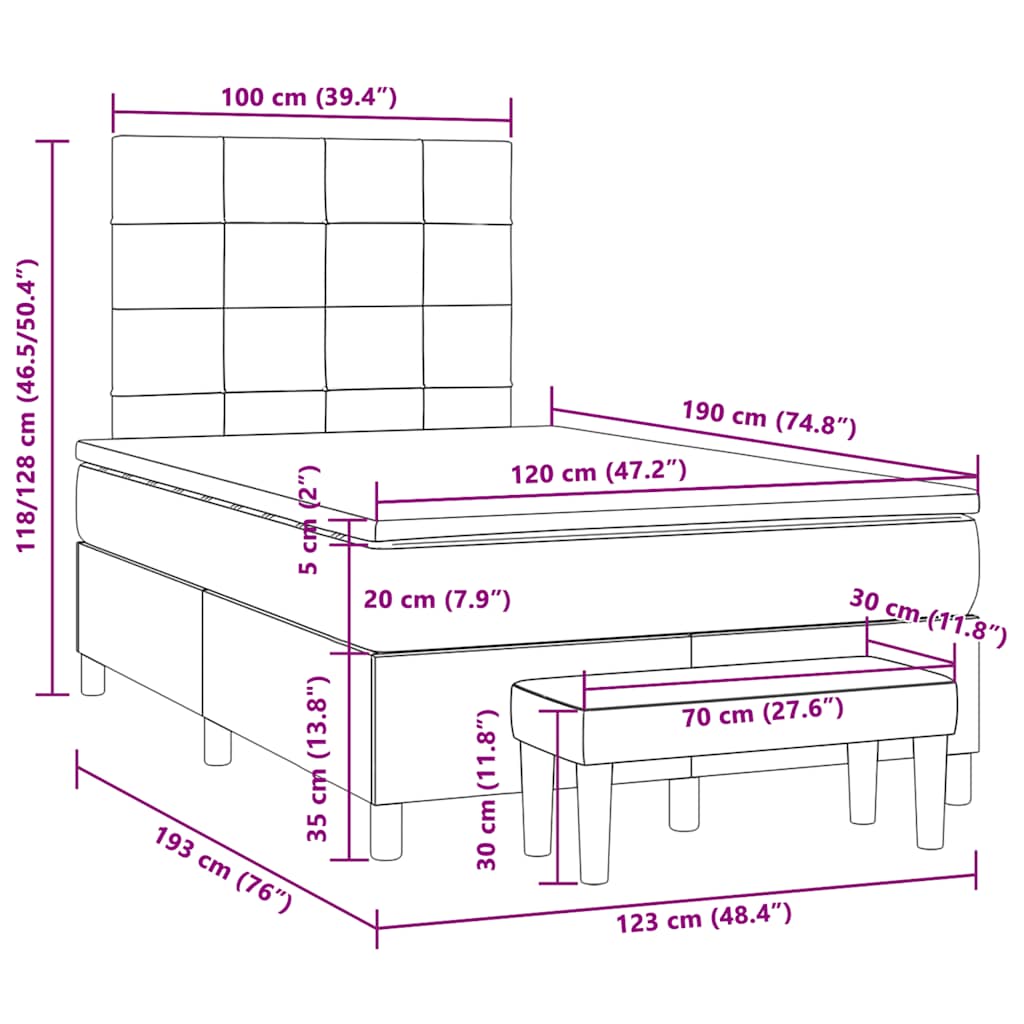 Cama boxspring c/ colchão 120x190cm tecido castanho-acinzentado