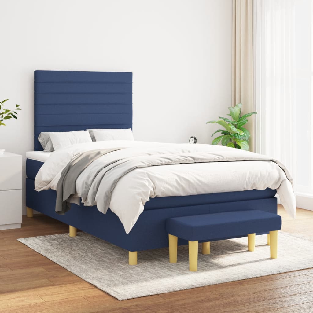 Cama boxspring com colchão 120x190 cm tecido azul