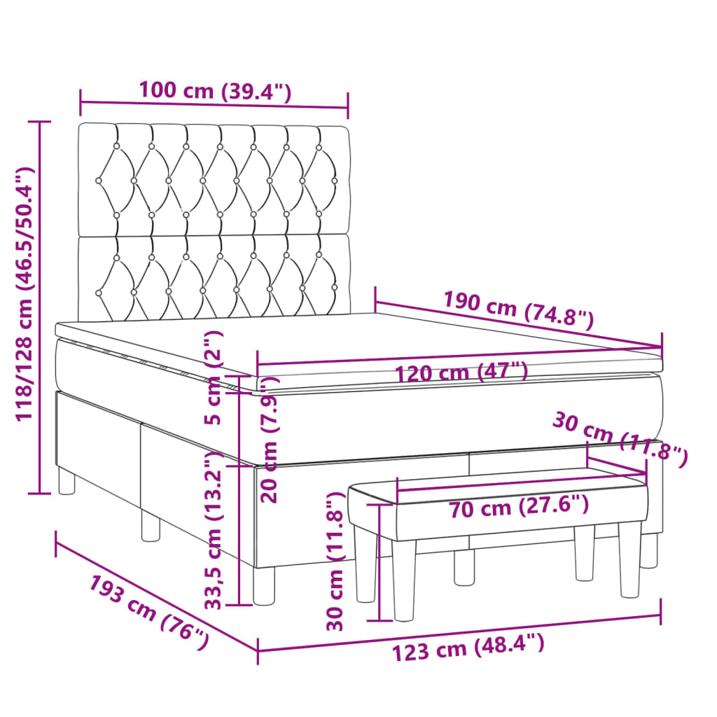 Cama boxspring c/ colchão 120x190cm tecido castanho-acinzentado