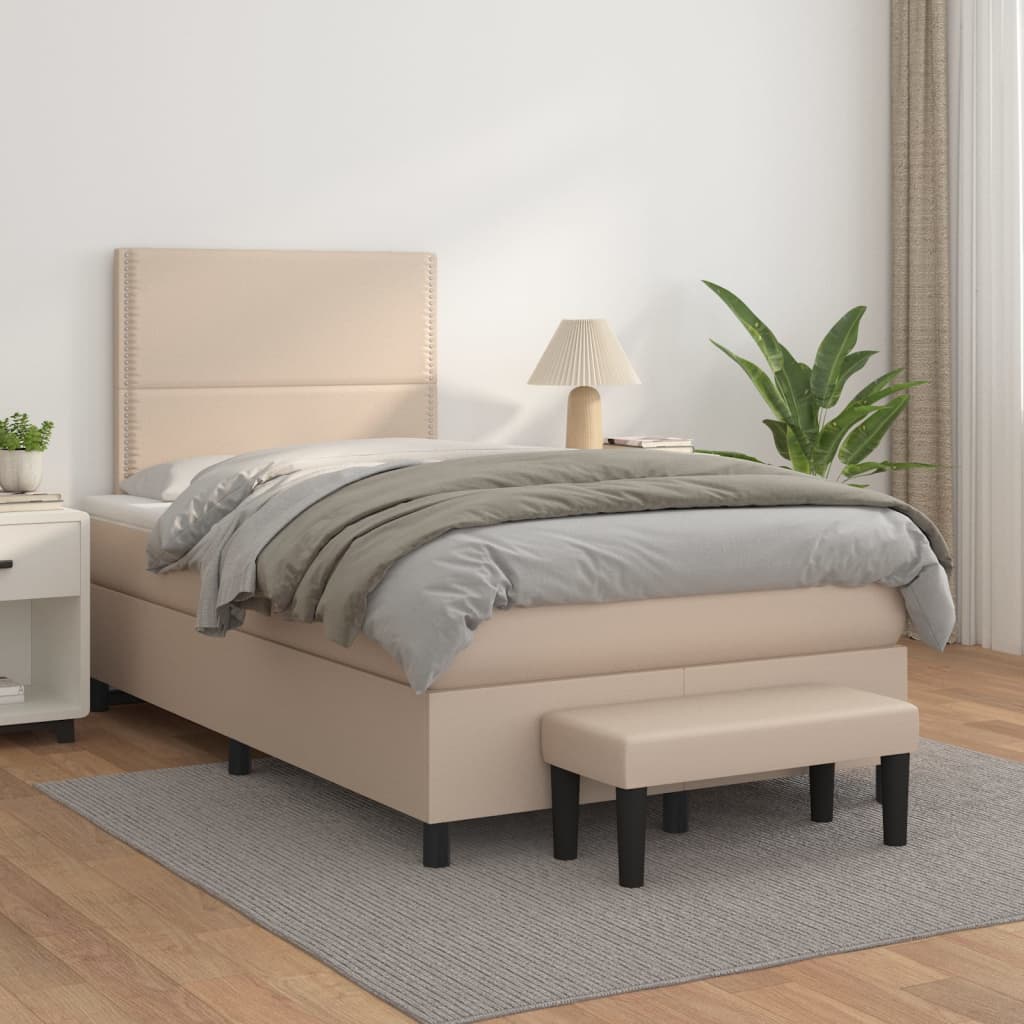 Cama boxspring c/ colchão 120x190cm couro artificial cappuccino