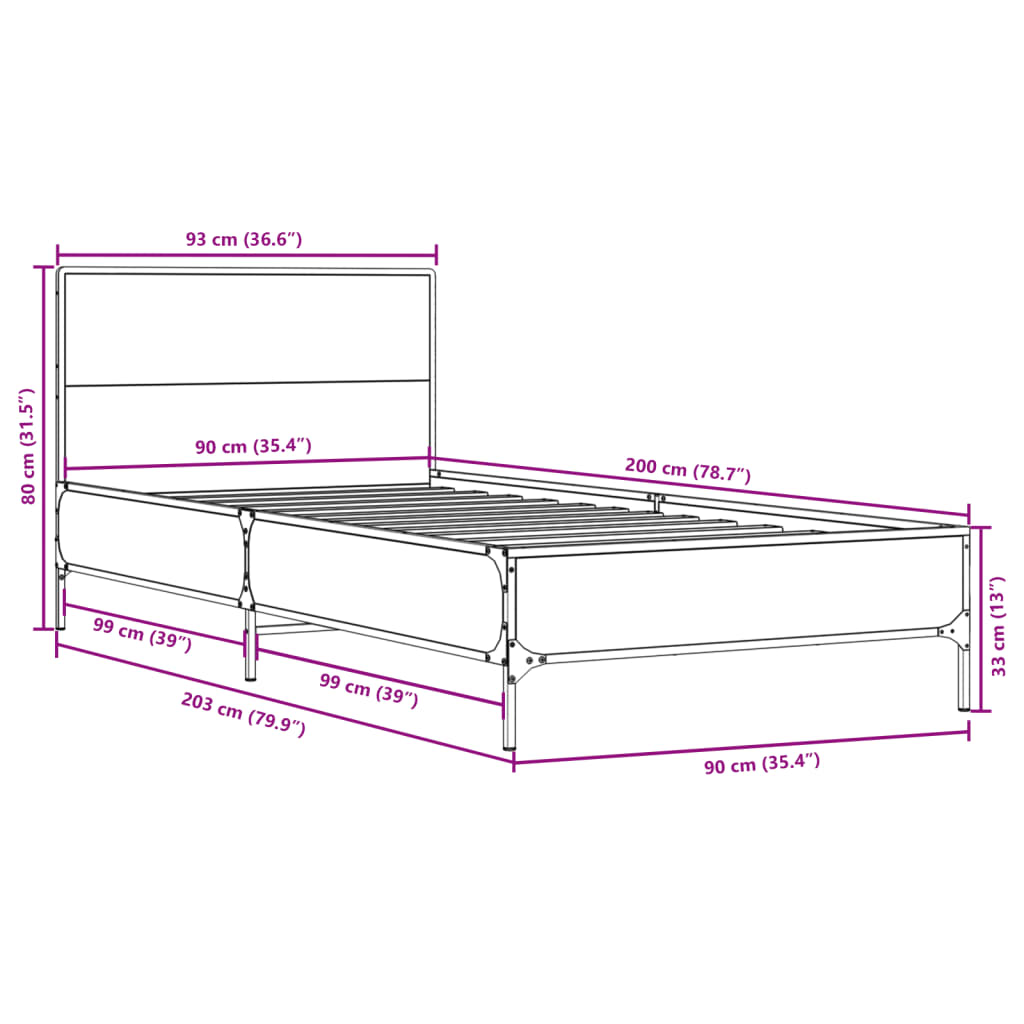 Estrutura de cama derivados de madeira e metal cinzento sonoma