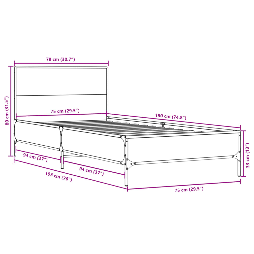 Estrutura de cama 75x190 cm derivados de madeira e metal preto