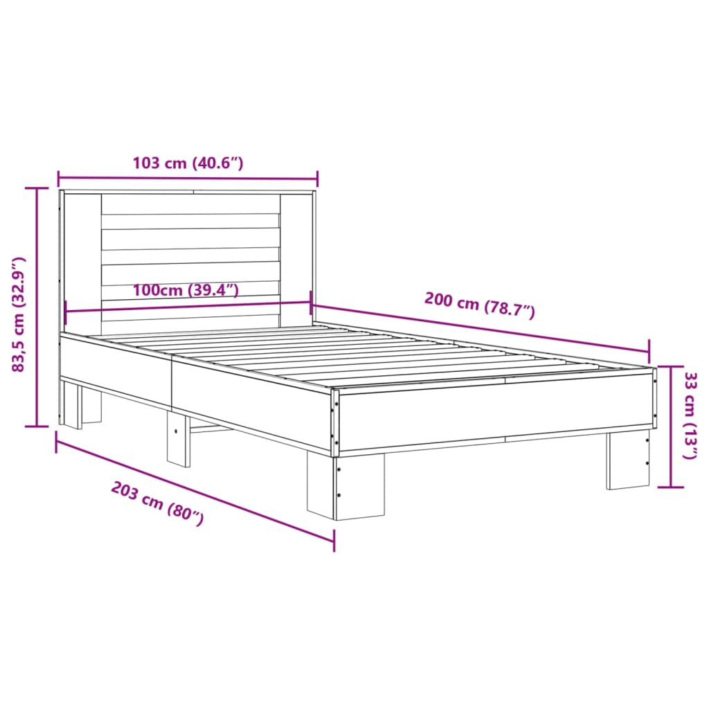 Estrutura cama 100x200 cm derivados madeira/metal cinza sonoma