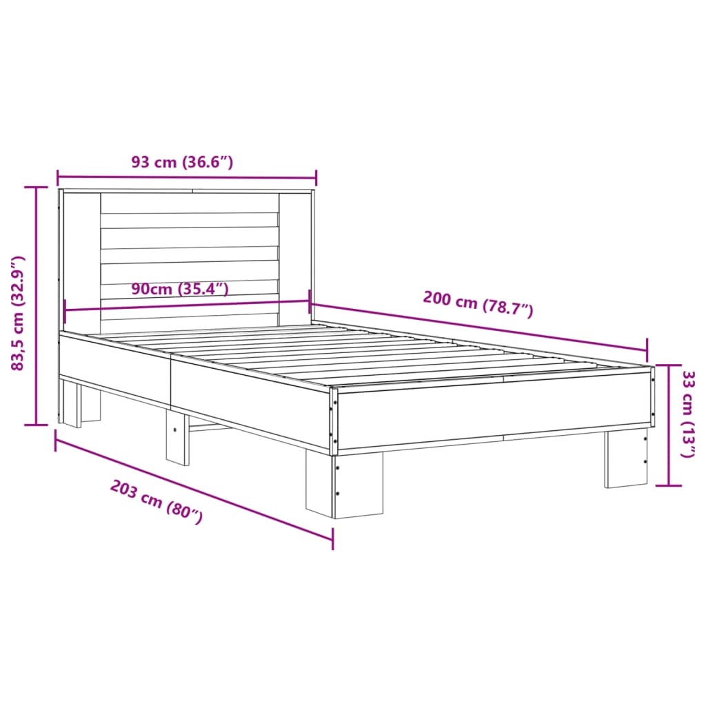 Estrutura de cama 90x200 cm derivados de madeira/metal preto