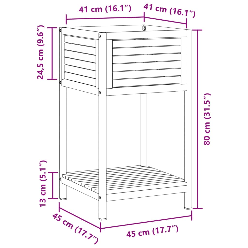 Vaso/floreira jardim c/ prateleira 45x45x80cm acácia maciça/aço