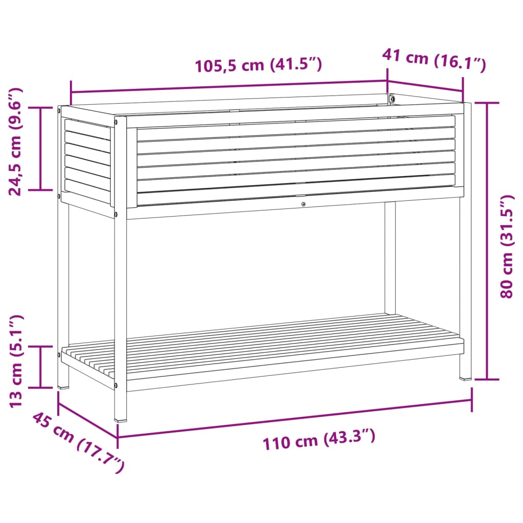 Vaso/floreira de jardim c/ prateleira 110x45x80 cm acácia/aço