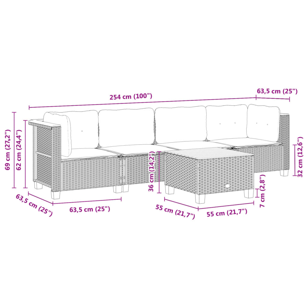 5 pcs conjunto sofás de jardim c/ almofadões vime PE cinzento