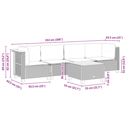 5 pcs conjunto sofás de jardim c/ almofadões vime PE cinzento