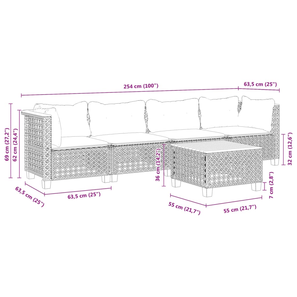 5 pcs conjunto sofás de jardim com almofadões vime PE preto