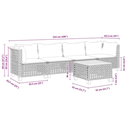 5 pcs conjunto sofás de jardim com almofadões vime PE preto