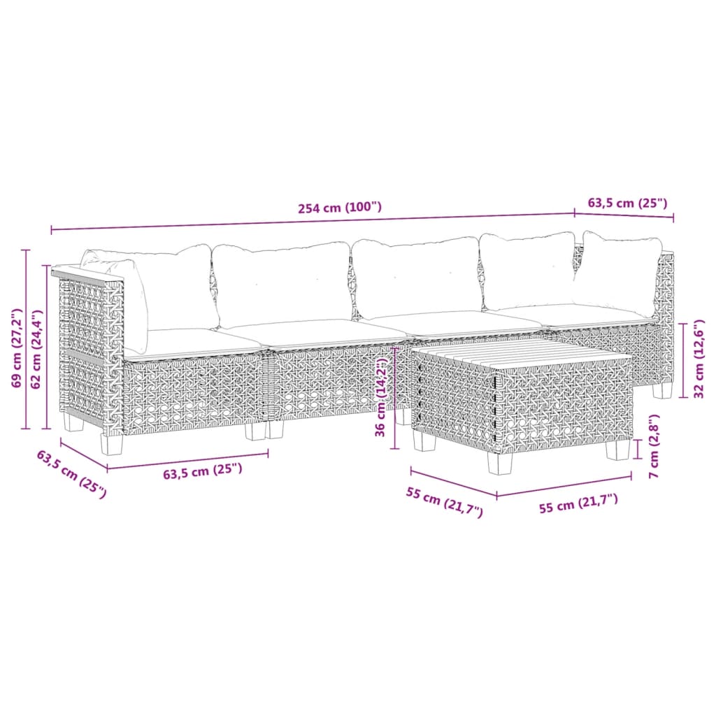 5 pcs conjunto sofás de jardim c/ almofadões vime PE cinzento