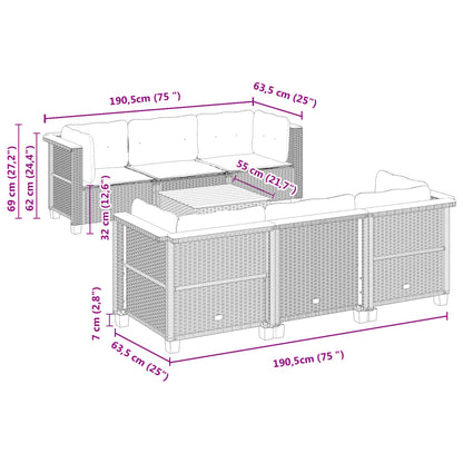 7 pcs conjunto de sofás p/ jardim c/ almofadões vime PE preto