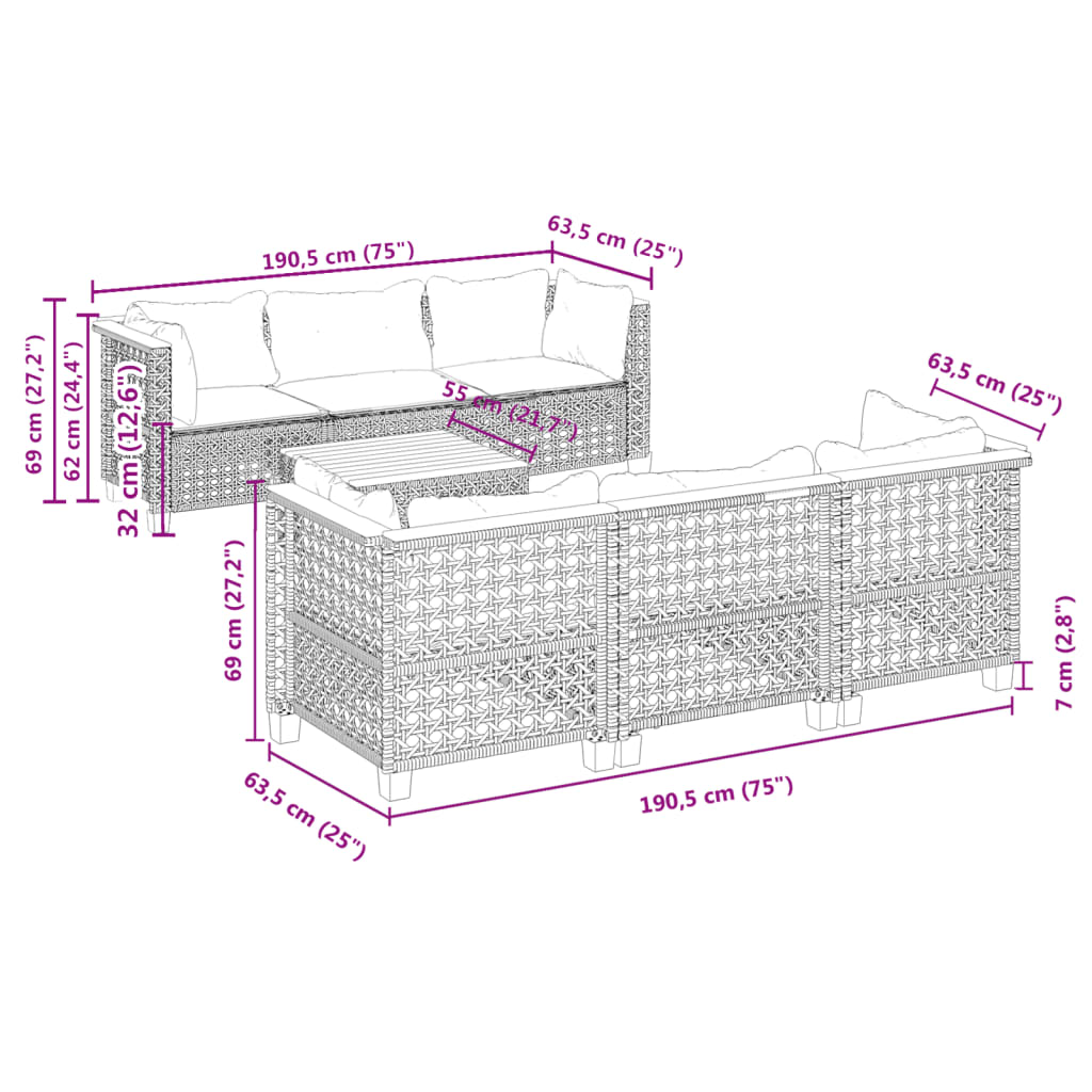 7 pcs conjunto de sofás p/ jardim c/ almofadões vime PE preto