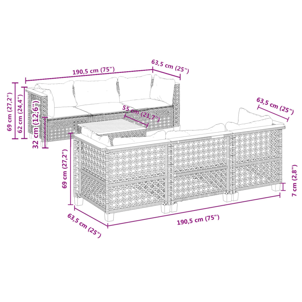 7 pcs conjunto sofás p/ jardim c/ almofadões vime PE cinzento