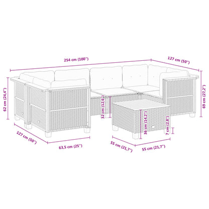 7 pcs conjunto sofás p/ jardim c/ almofadões vime PE cinzento