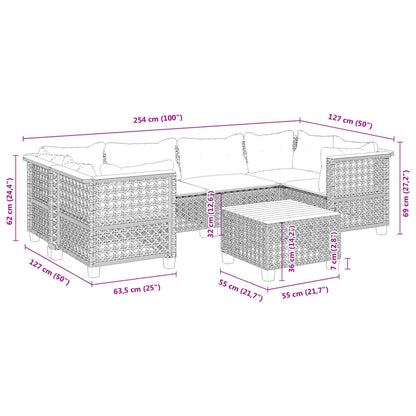 7 pcs conjunto sofás p/ jardim c/ almofadões vime PE cinzento