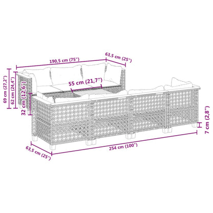 8 pcs conjunto sofás de jardim com almofadões vime PE preto