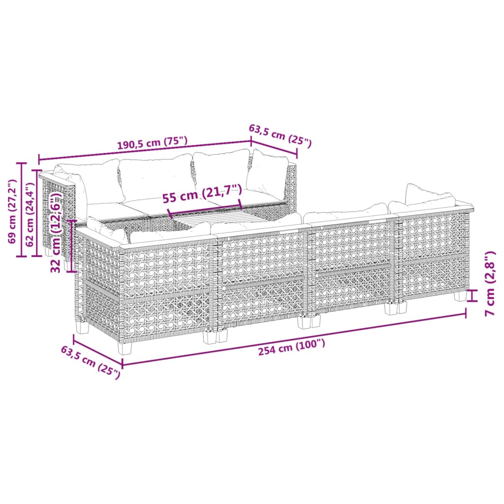 8 pcs conjunto sofás de jardim c/ almofadões vime PE cinzento