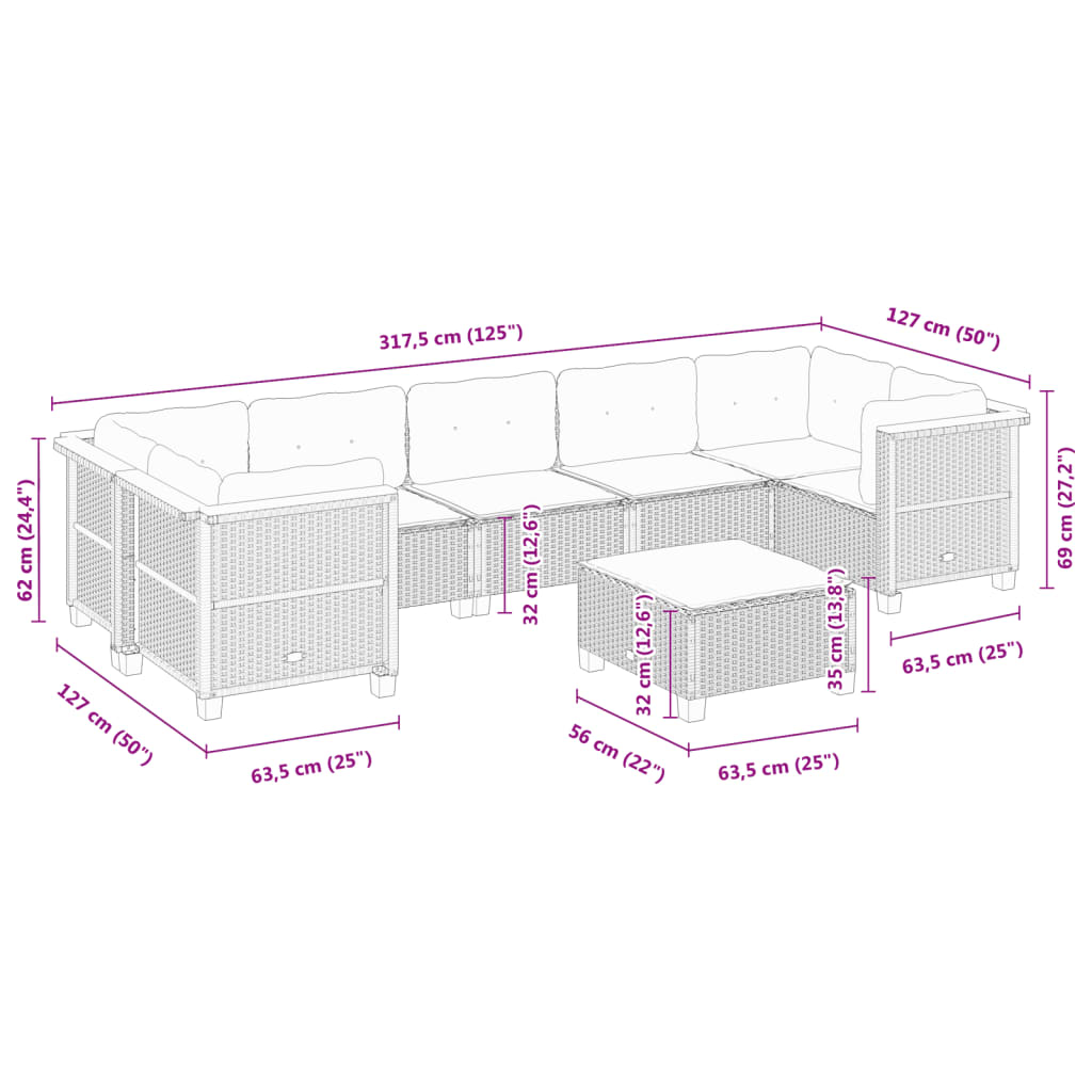 8 pcs conjunto sofás de jardim com almofadões vime PE preto