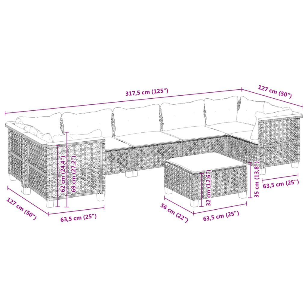 8 pcs conjunto sofás de jardim com almofadões vime PE preto