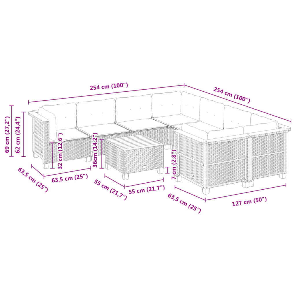 9 pcs conjunto sofás p/ jardim com almofadões vime PE cinzento