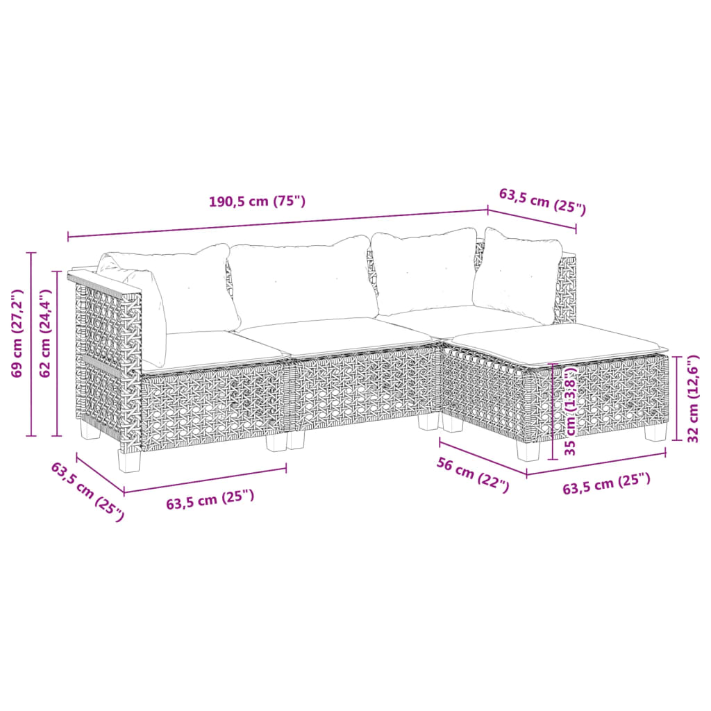 4 pcs conjunto de sofás para jardim c/ almofadões vime PE preto