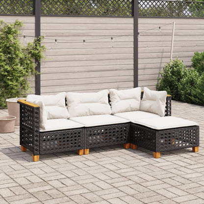 4 pcs conjunto de sofás para jardim c/ almofadões vime PE preto