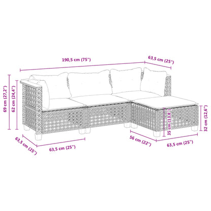 4 pcs conjunto sofás de jardim c/ almofadões vime PE cinzento